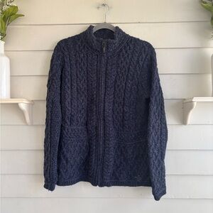 Inis Crafts Blue Marled Merino Wool Sweater Full Zip Sweater Size Medium